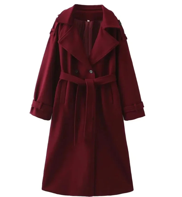 Lady Elegant Burgundy Lapple Outerwear Fashion Solid Double-breasted Long Sleeves Coat New Women Fall Winter Office Outerwears