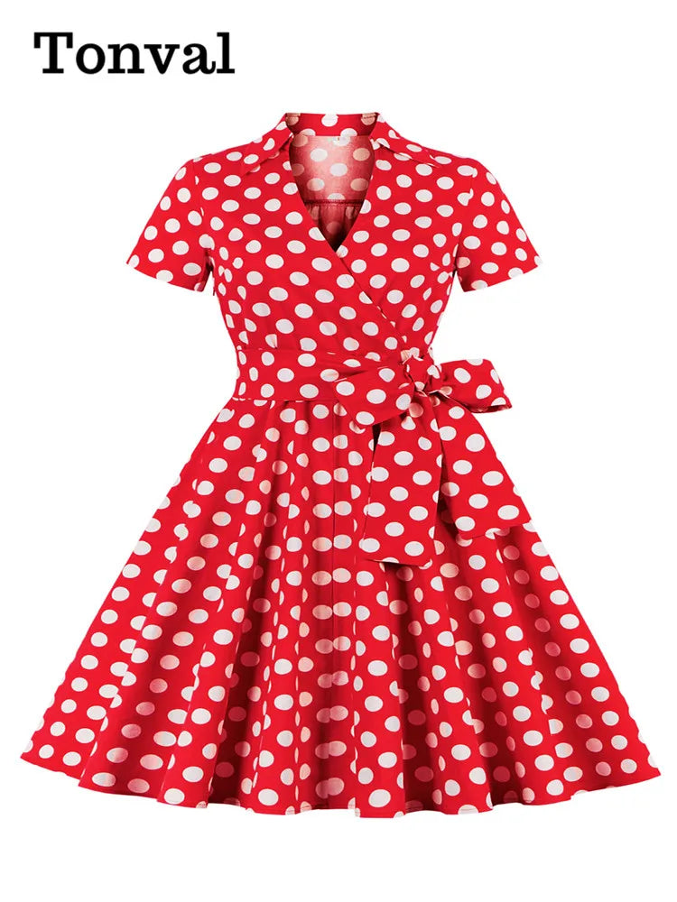 Tonval 3XL 4XL Polka Dot Print Rockabilly Vintage Tea Dresses for Women V-Neck Short Sleeve Belted 50s Pinup Long Dress