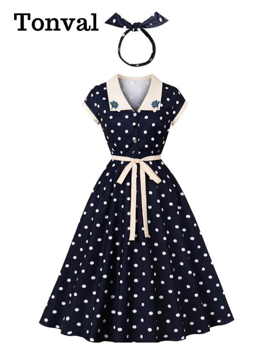 Tonval Embroidered Contrast Collar Buttons Front Summer Dress with Headwear Vintage Polka Dot Women Elegant Pockets Long Dresses