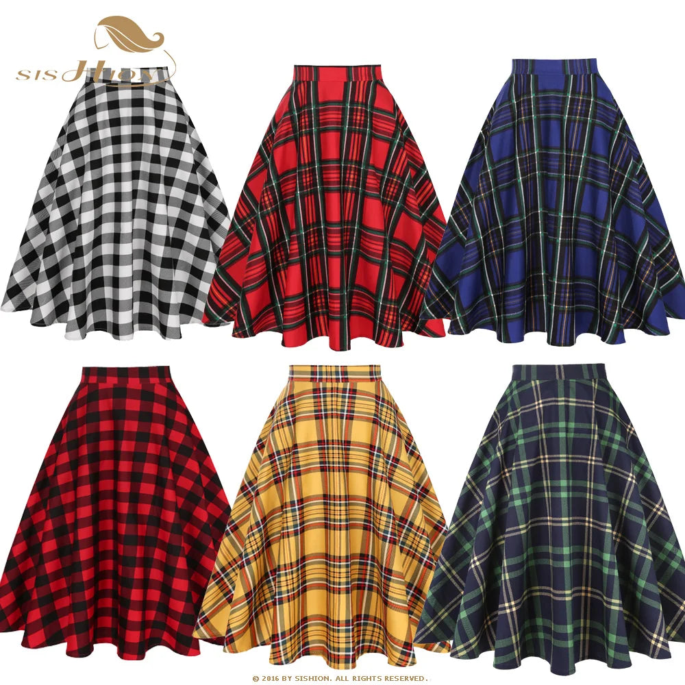SISHION Cotton Long Midi Skirt SS0006 High Waist Women Ladies Autumn Summer Swing Vintage 50s Inspired Plaid Skirt jupe femme