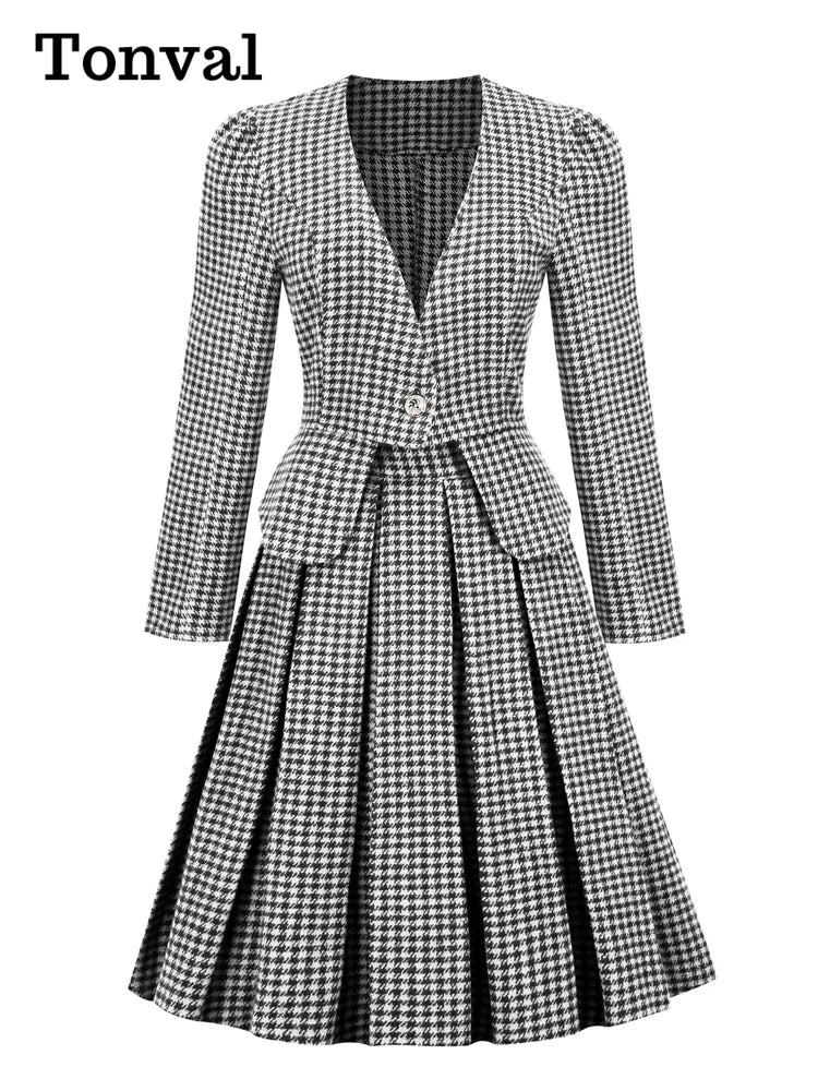 Tonval Office Outfits Blazer and Skirt Green Houndstooth Vintage Two Piece Sets Women Elegant Fall Winter Clothing Dress Sets