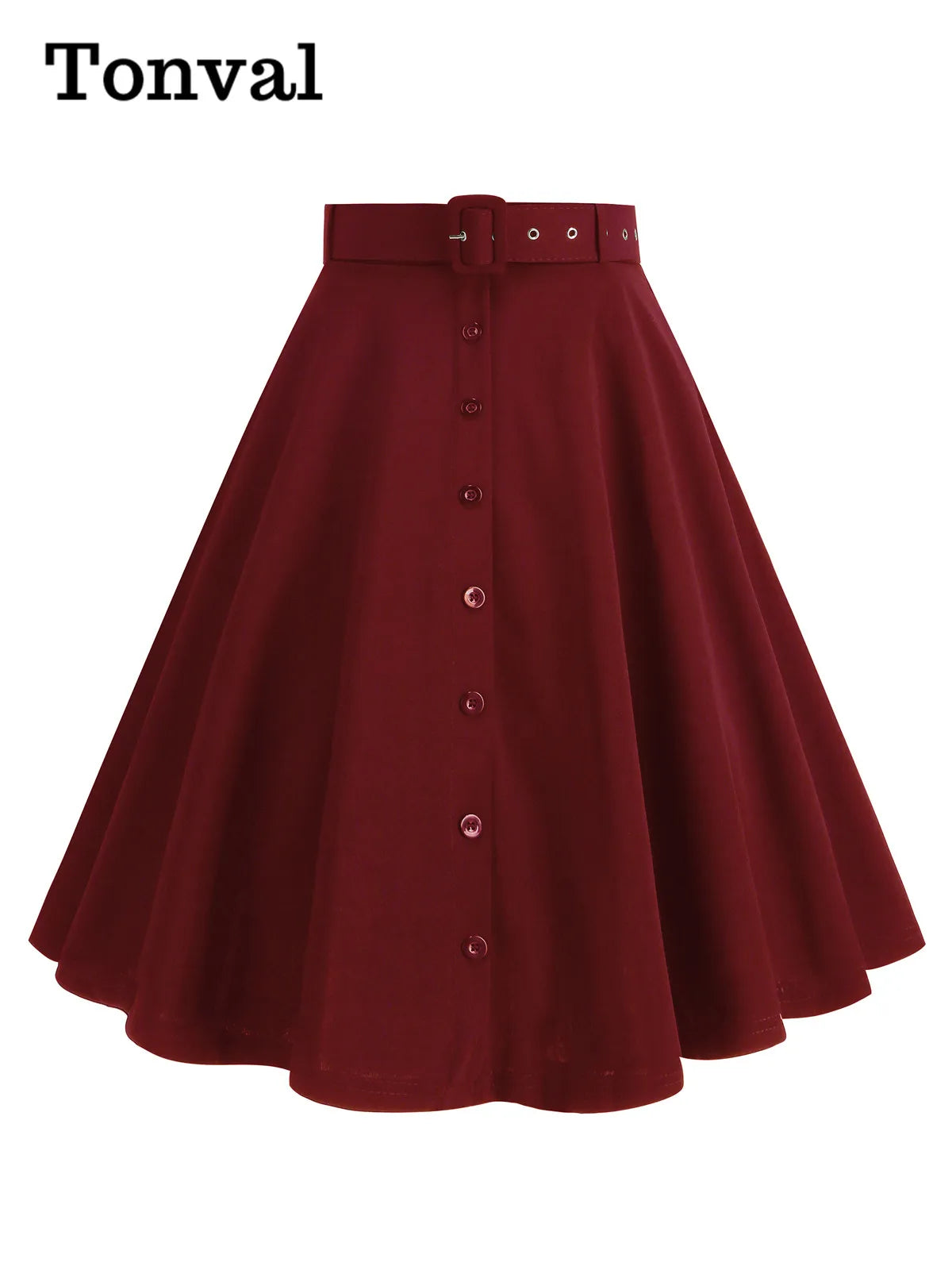 Tonval Belted Single Breasted Vintage Swing Skirt Women High Waist Solid Elegant Pockets Side Christmas Party Knee Length Skirts