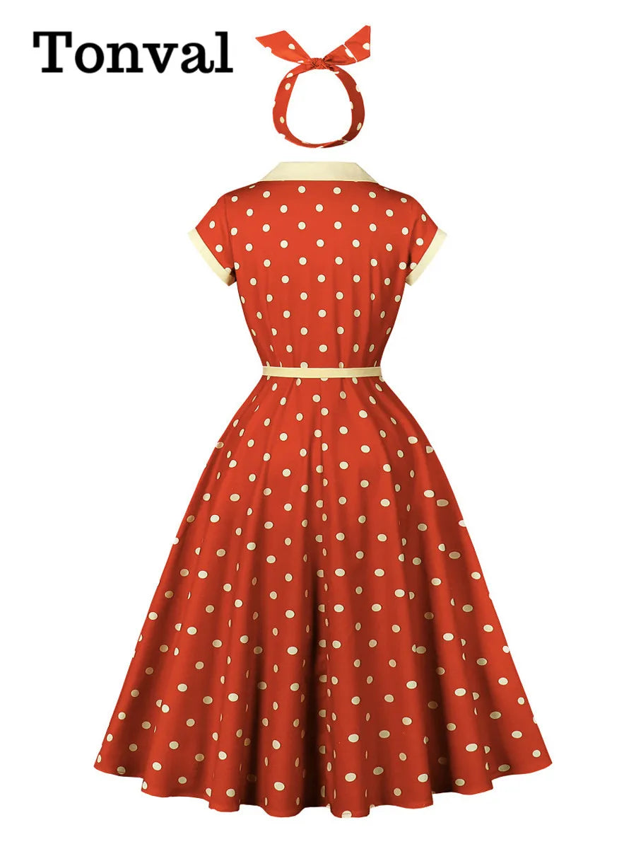 Tonval Embroidered Contrast Collar Buttons Front Summer Dress with Headwear Vintage Polka Dot Women Elegant Pockets Long Dresses