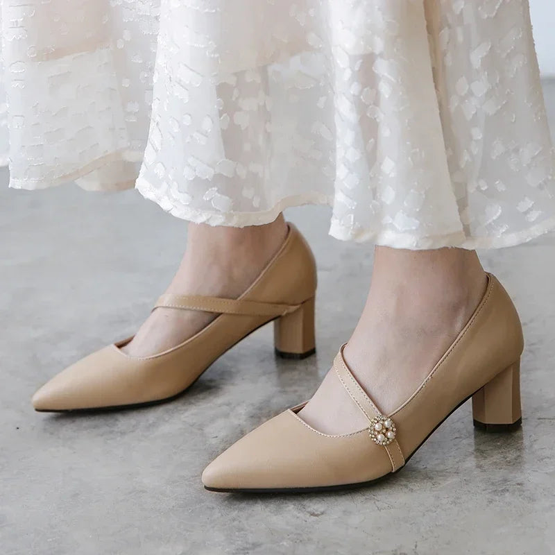 2025 Spring Brand New Sweet Apricot Beige Women Casual Pumps  High Block Heels Lady Shoes Plus Big Small Size 30 43 46 48