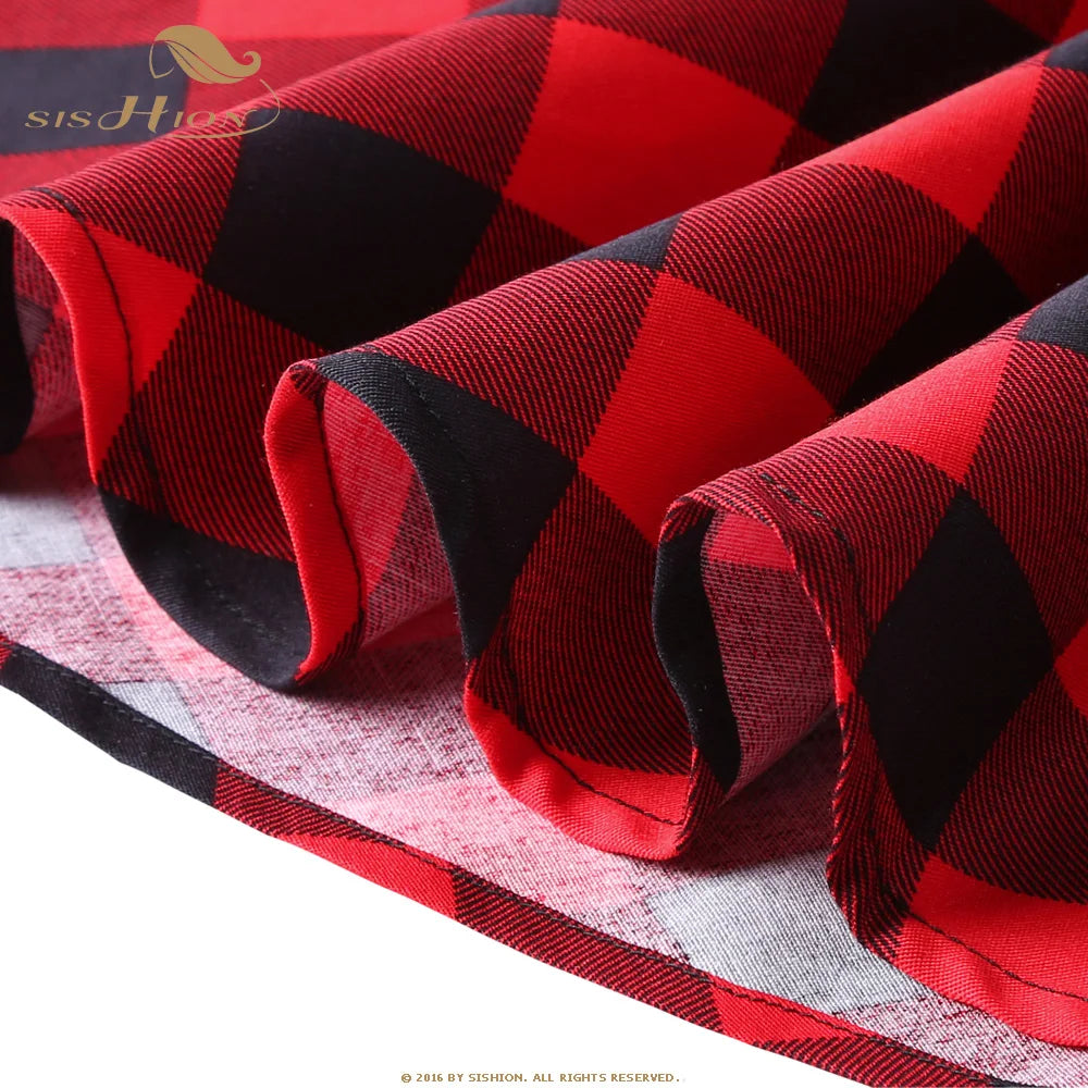 SISHION Cotton Long Midi Skirt SS0006 High Waist Women Ladies Autumn Summer Swing Vintage 50s Inspired Plaid Skirt jupe femme