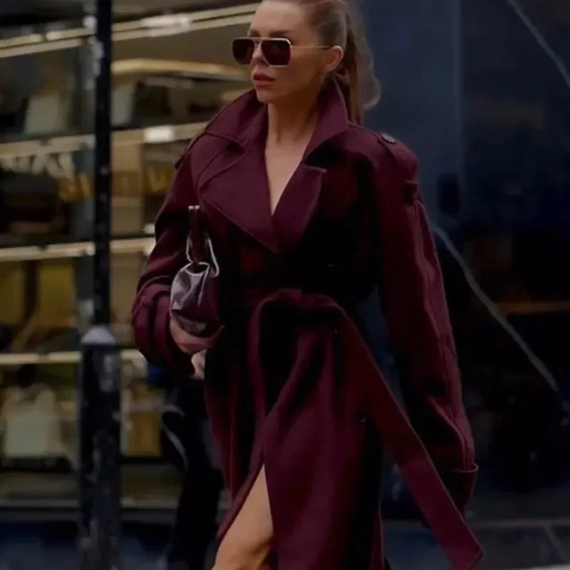 Lady Elegant Burgundy Lapple Outerwear Fashion Solid Double-breasted Long Sleeves Coat New Women Fall Winter Office Outerwears