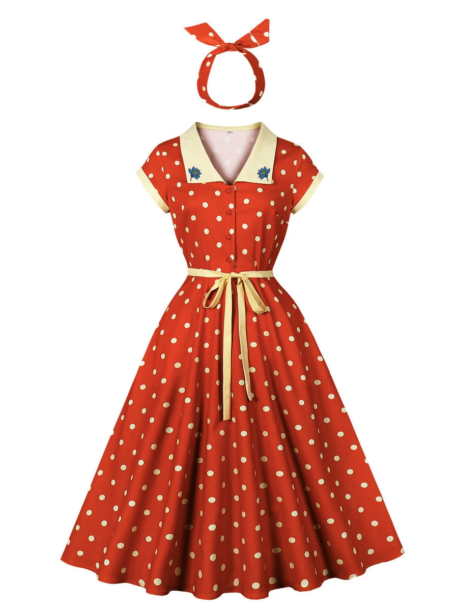 Tonval Embroidered Contrast Collar Buttons Front Summer Dress with Headwear Vintage Polka Dot Women Elegant Pockets Long Dresses