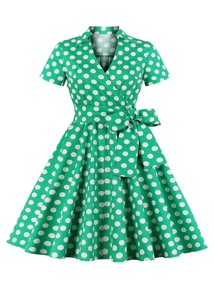 Tonval 3XL 4XL Polka Dot Print Rockabilly Vintage Tea Dresses for Women V-Neck Short Sleeve Belted 50s Pinup Long Dress