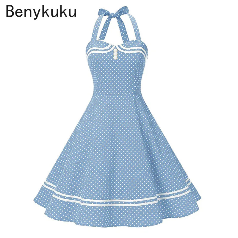 Vintage Halter Yellow Dress Sexy Retro Robe Femme Pin Up Rockabilly Party Dress Big Swing Vestidos Summer Clothes for Women 2025