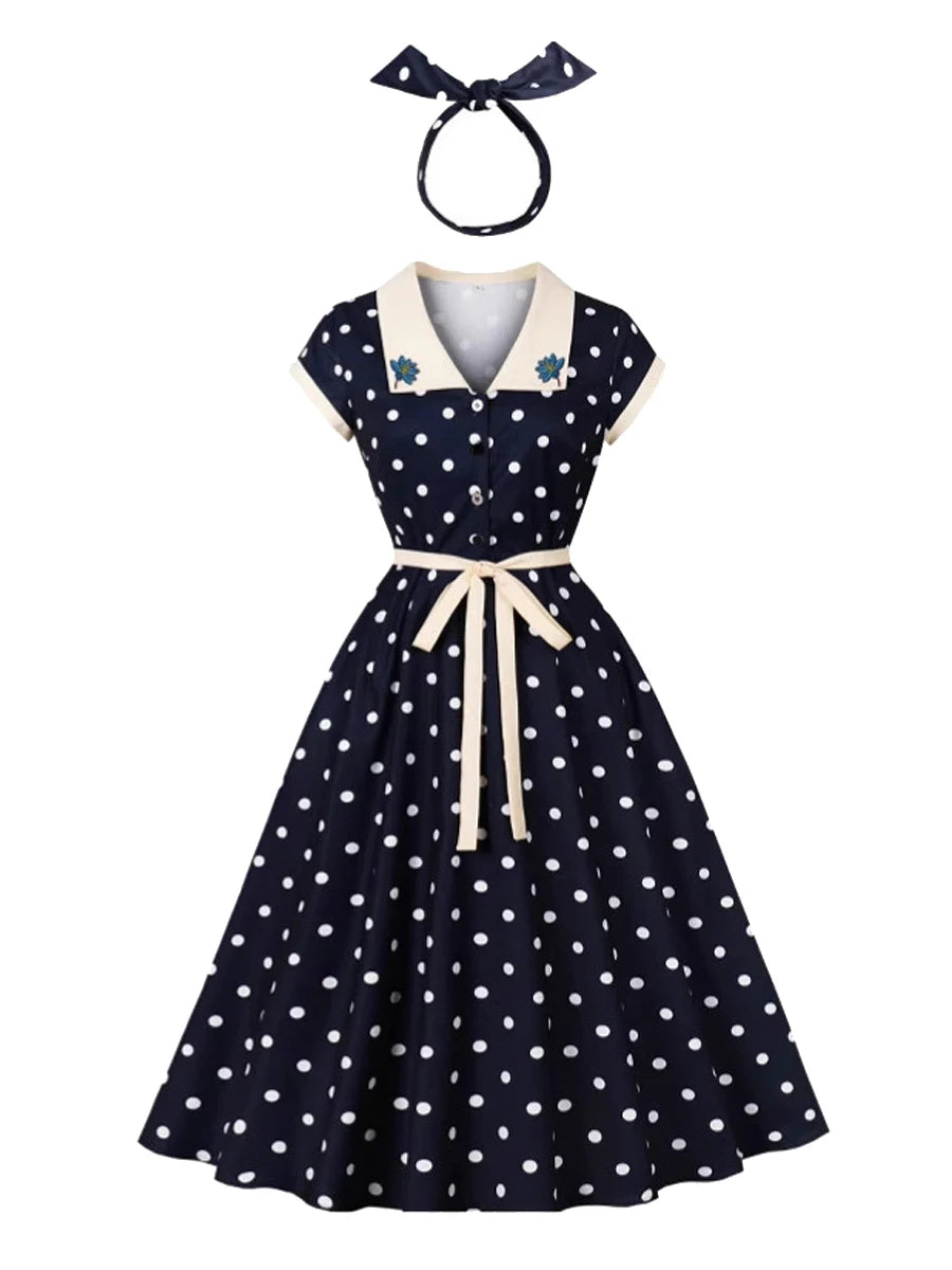 Tonval Embroidered Contrast Collar Buttons Front Summer Dress with Headwear Vintage Polka Dot Women Elegant Pockets Long Dresses