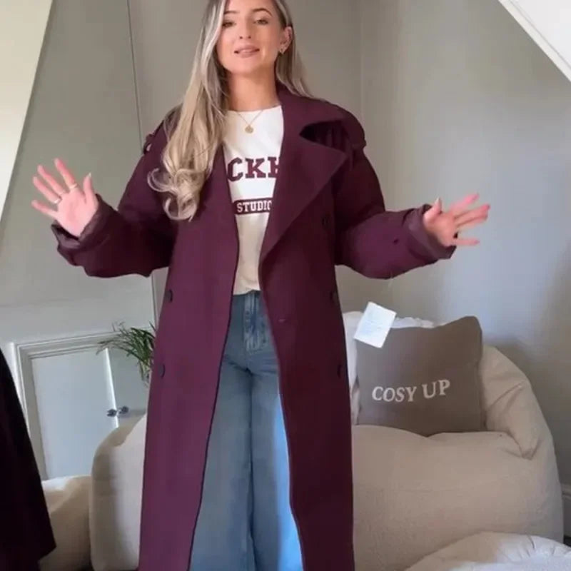 Lady Elegant Burgundy Lapple Outerwear Fashion Solid Double-breasted Long Sleeves Coat New Women Fall Winter Office Outerwears