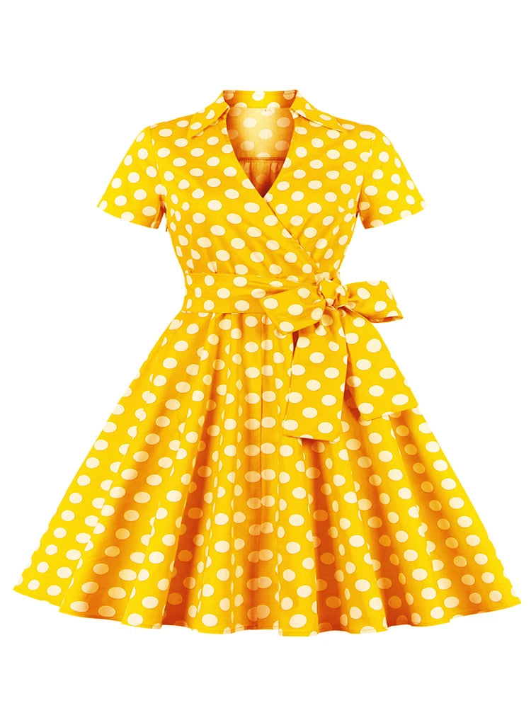 Tonval 3XL 4XL Polka Dot Print Rockabilly Vintage Tea Dresses for Women V-Neck Short Sleeve Belted 50s Pinup Long Dress