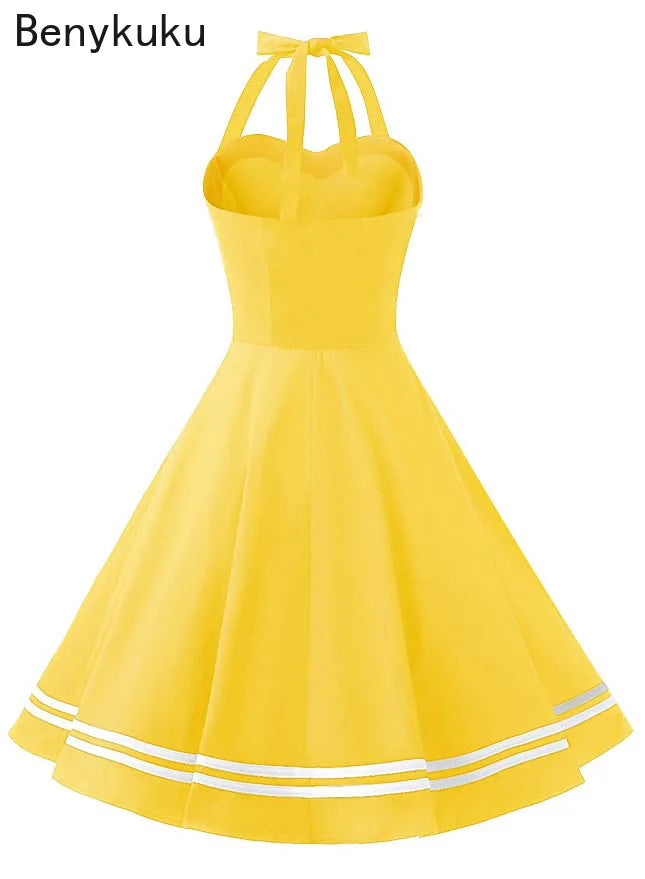 Vintage Halter Yellow Dress Sexy Retro Robe Femme Pin Up Rockabilly Party Dress Big Swing Vestidos Summer Clothes for Women 2025