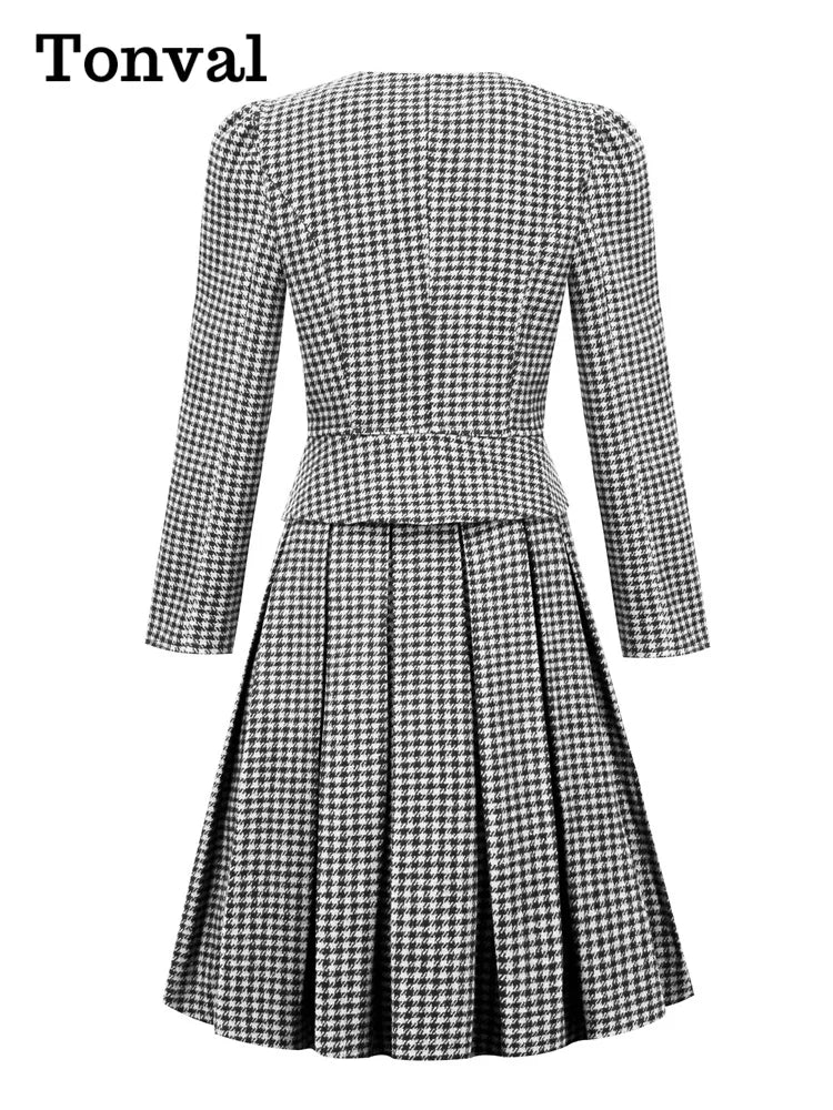 Tonval Office Outfits Blazer and Skirt Green Houndstooth Vintage Two Piece Sets Women Elegant Fall Winter Clothing Dress Sets