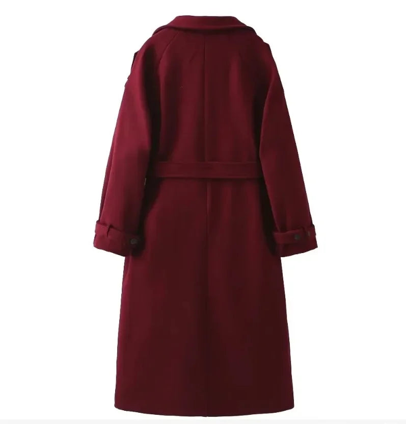 Lady Elegant Burgundy Lapple Outerwear Fashion Solid Double-breasted Long Sleeves Coat New Women Fall Winter Office Outerwears