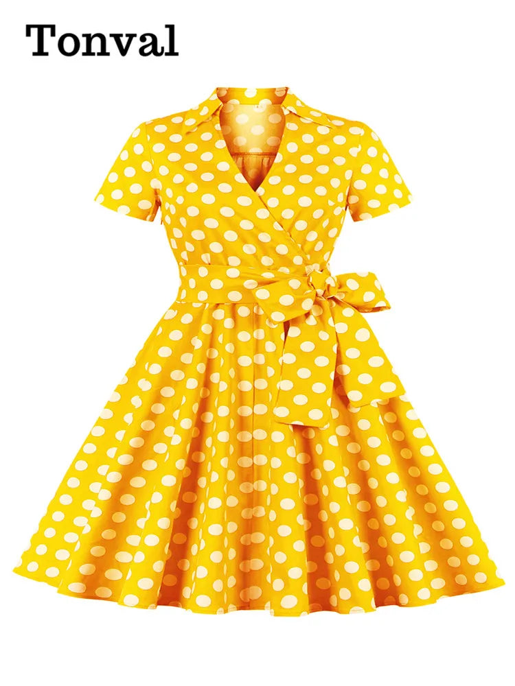 Tonval 3XL 4XL Polka Dot Print Rockabilly Vintage Tea Dresses for Women V-Neck Short Sleeve Belted 50s Pinup Long Dress