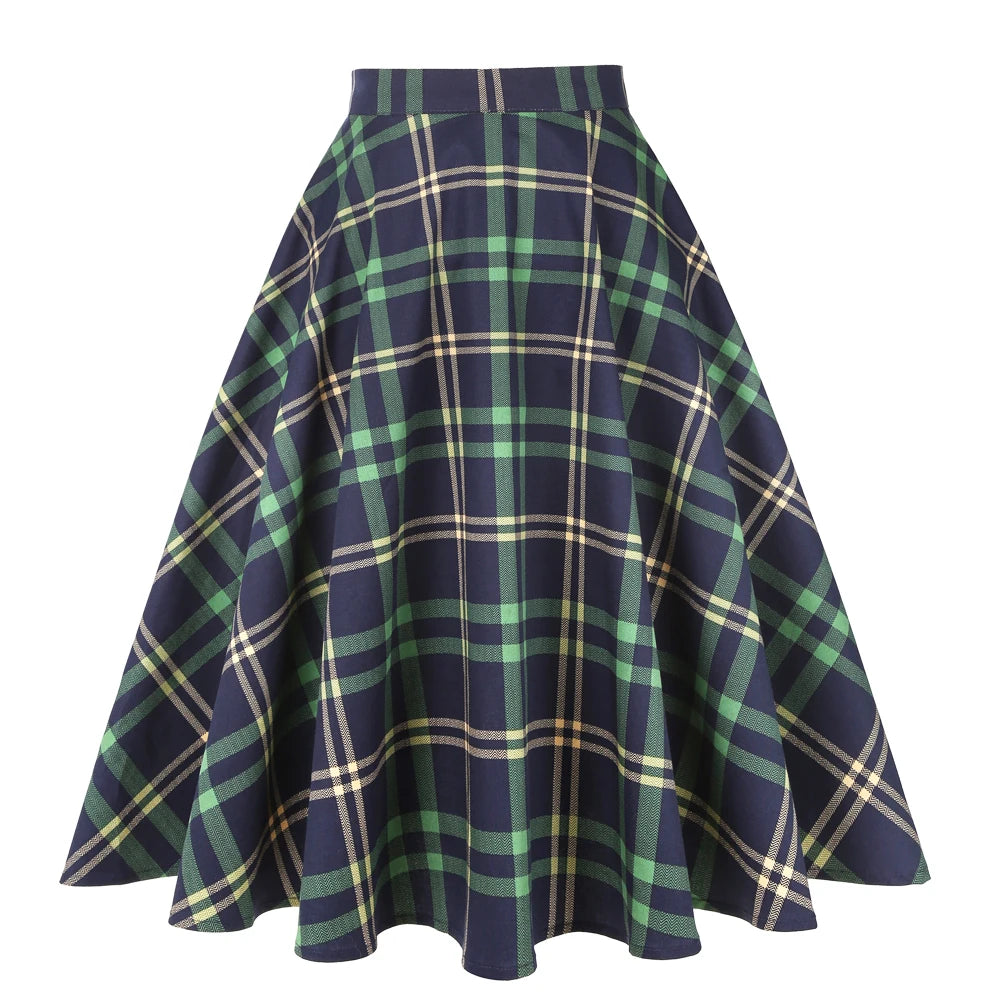 SISHION Cotton Long Midi Skirt SS0006 High Waist Women Ladies Autumn Summer Swing Vintage 50s Inspired Plaid Skirt jupe femme