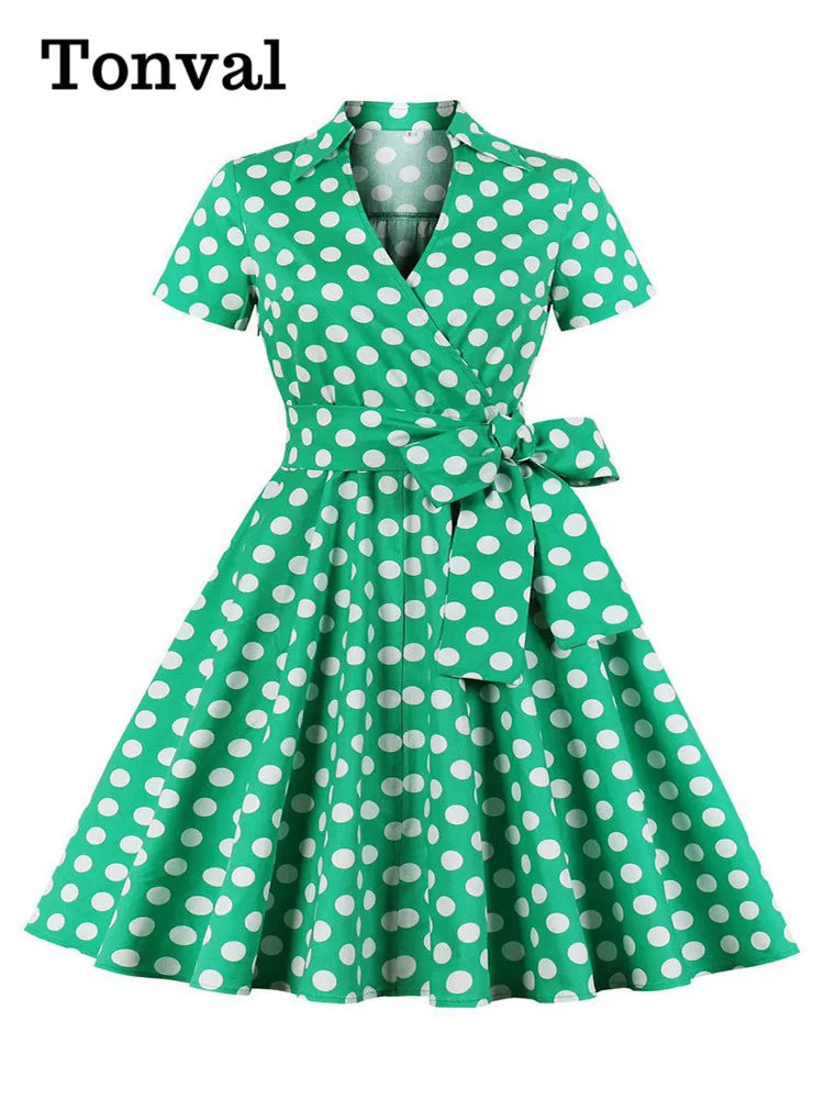 Tonval 3XL 4XL Polka Dot Print Rockabilly Vintage Tea Dresses for Women V-Neck Short Sleeve Belted 50s Pinup Long Dress
