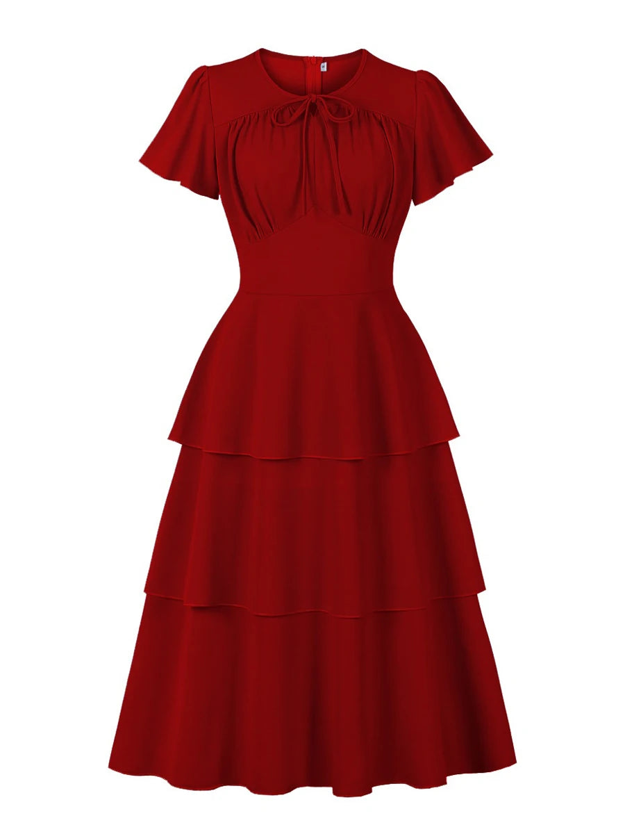 Tonval O-Neck Knot Front High Waist Elegant Solid Tiered Dress 2025 Women Short Sleeve Vintage A-Line Long Dresses