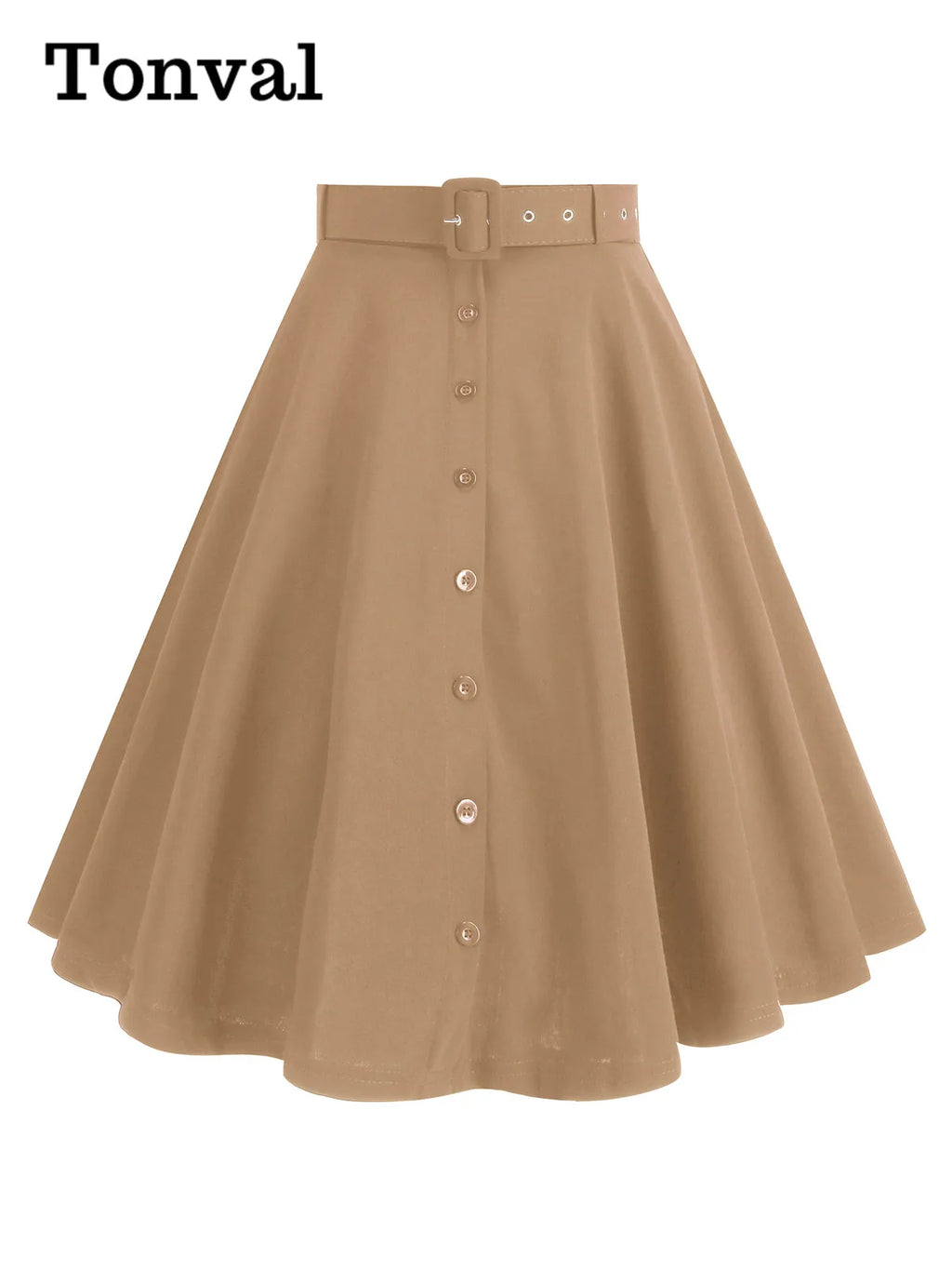 Tonval Belted Single Breasted Vintage Swing Skirt Women High Waist Solid Elegant Pockets Side Christmas Party Knee Length Skirts