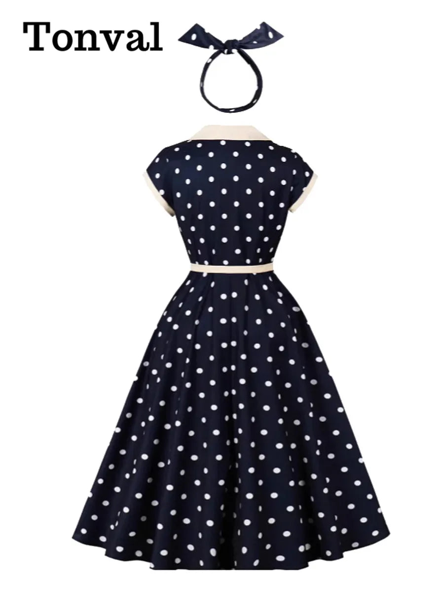 Tonval Embroidered Contrast Collar Buttons Front Summer Dress with Headwear Vintage Polka Dot Women Elegant Pockets Long Dresses