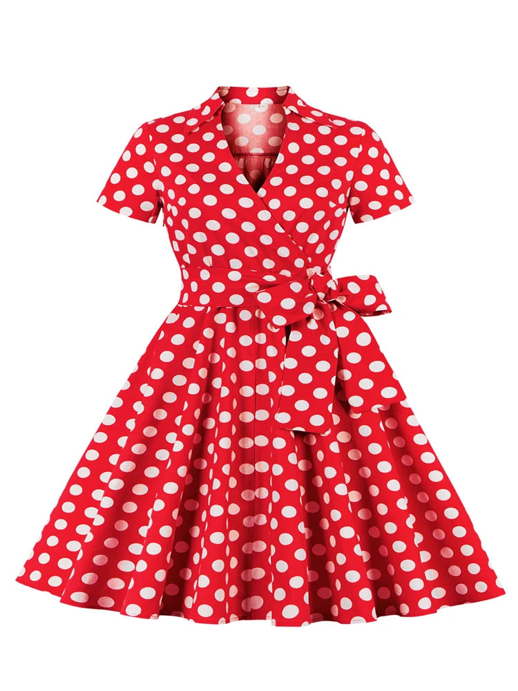 Tonval 3XL 4XL Polka Dot Print Rockabilly Vintage Tea Dresses for Women V-Neck Short Sleeve Belted 50s Pinup Long Dress