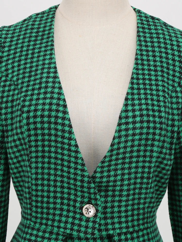 Tonval Office Outfits Blazer and Skirt Green Houndstooth Vintage Two Piece Sets Women Elegant Fall Winter Clothing Dress Sets