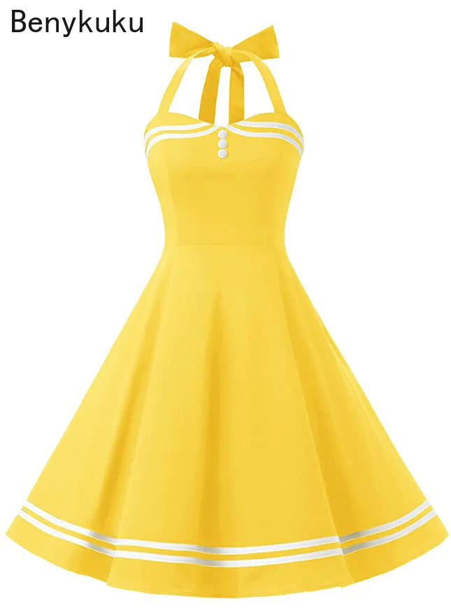Vintage Halter Yellow Dress Sexy Retro Robe Femme Pin Up Rockabilly Party Dress Big Swing Vestidos Summer Clothes for Women 2025