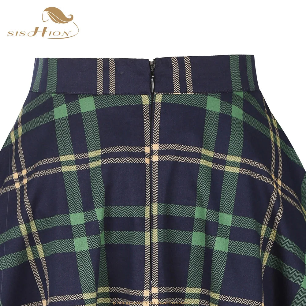 SISHION Cotton Long Midi Skirt SS0006 High Waist Women Ladies Autumn Summer Swing Vintage 50s Inspired Plaid Skirt jupe femme