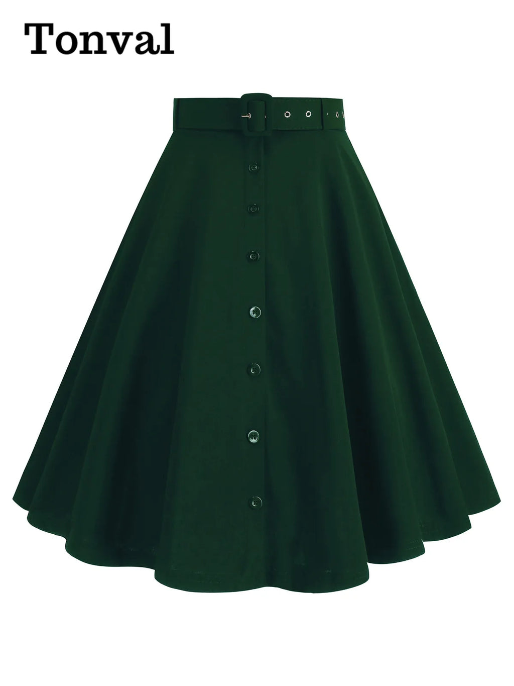 Tonval Belted Single Breasted Vintage Swing Skirt Women High Waist Solid Elegant Pockets Side Christmas Party Knee Length Skirts