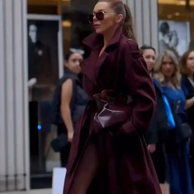 Lady Elegant Burgundy Lapple Outerwear Fashion Solid Double-breasted Long Sleeves Coat New Women Fall Winter Office Outerwears