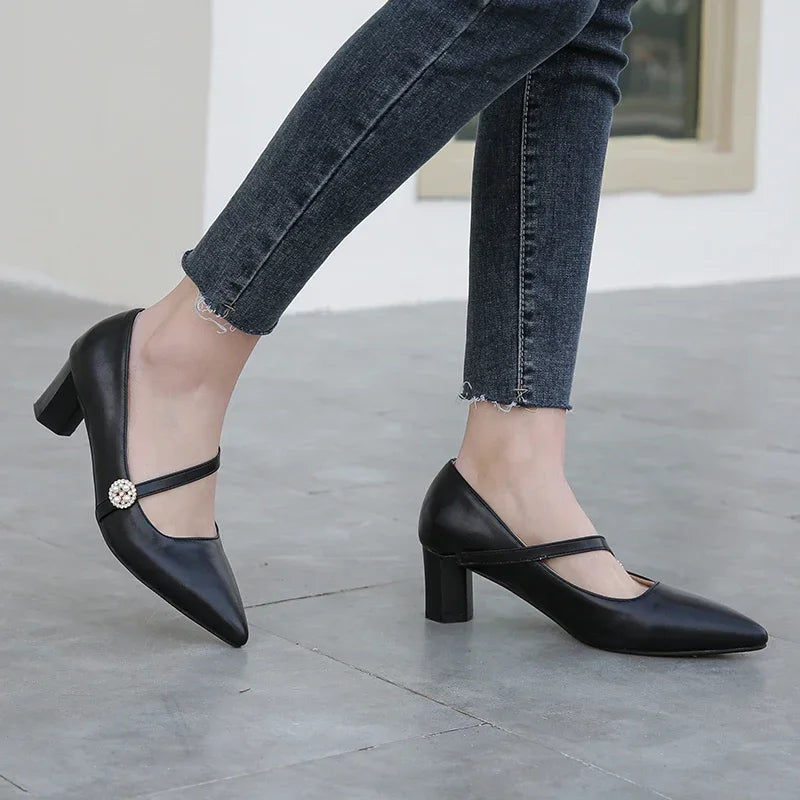 2025 Spring Brand New Sweet Apricot Beige Women Casual Pumps  High Block Heels Lady Shoes Plus Big Small Size 30 43 46 48