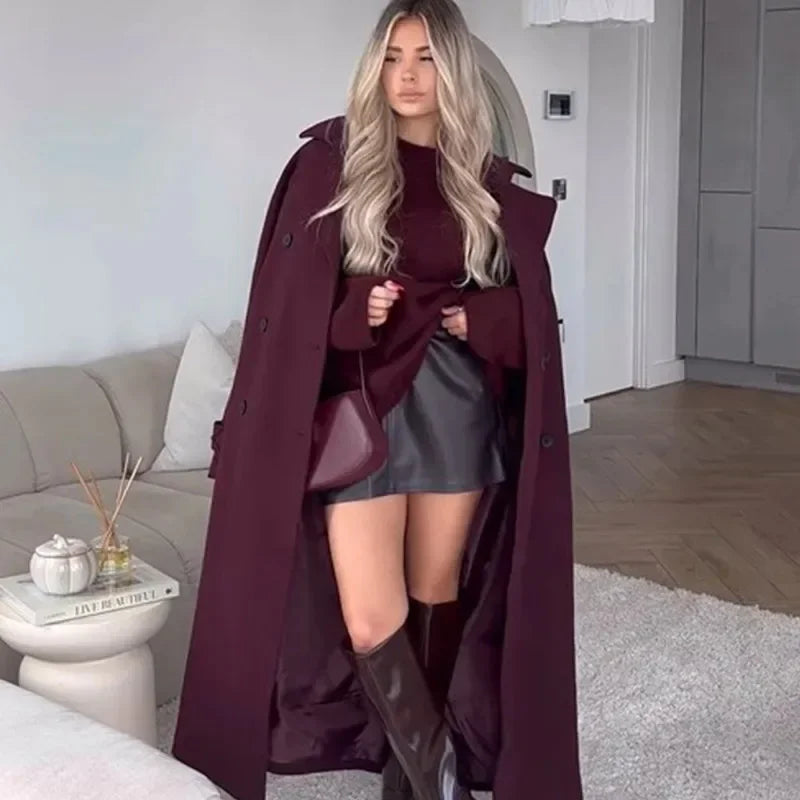 Lady Elegant Burgundy Lapple Outerwear Fashion Solid Double-breasted Long Sleeves Coat New Women Fall Winter Office Outerwears