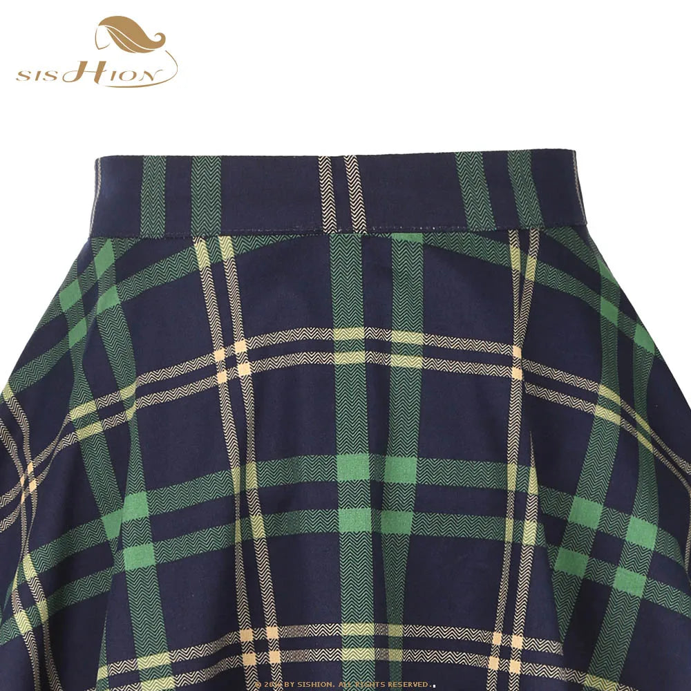 SISHION Cotton Long Midi Skirt SS0006 High Waist Women Ladies Autumn Summer Swing Vintage 50s Inspired Plaid Skirt jupe femme