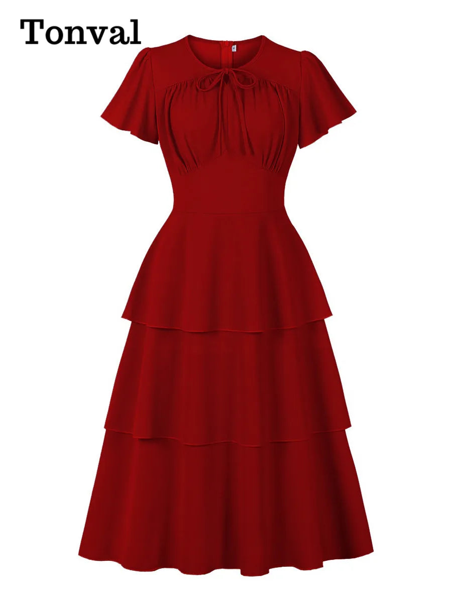 Tonval O-Neck Knot Front High Waist Elegant Solid Tiered Dress 2025 Women Short Sleeve Vintage A-Line Long Dresses