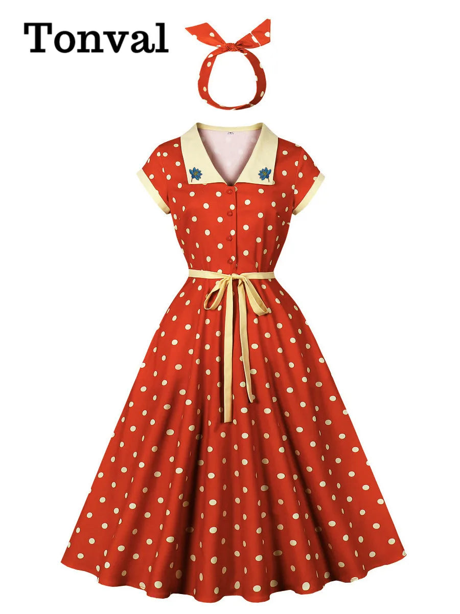 Tonval Embroidered Contrast Collar Buttons Front Summer Dress with Headwear Vintage Polka Dot Women Elegant Pockets Long Dresses