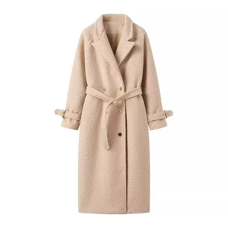 European and American style autumn and winter new women's clothing fashionable and simple basic long-sleeved tie wool coat