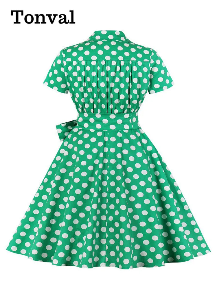 Tonval 3XL 4XL Polka Dot Print Rockabilly Vintage Tea Dresses for Women V-Neck Short Sleeve Belted 50s Pinup Long Dress