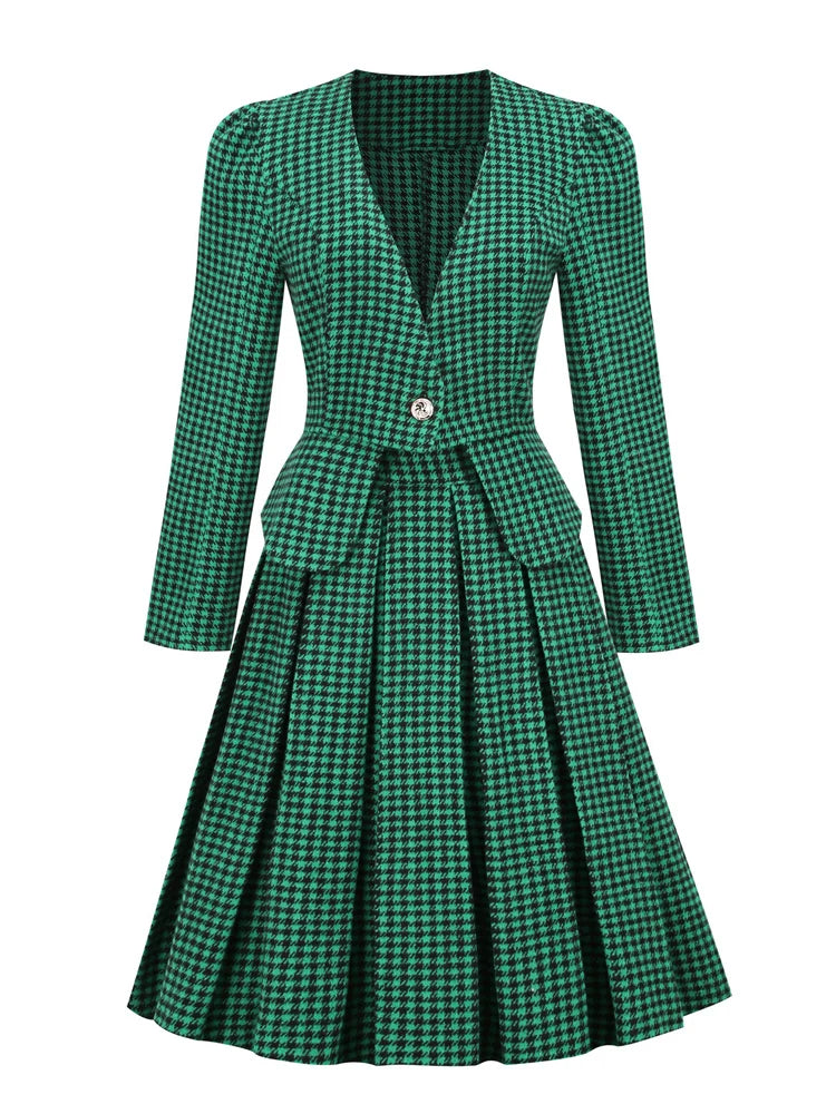 Tonval Office Outfits Blazer and Skirt Green Houndstooth Vintage Two Piece Sets Women Elegant Fall Winter Clothing Dress Sets