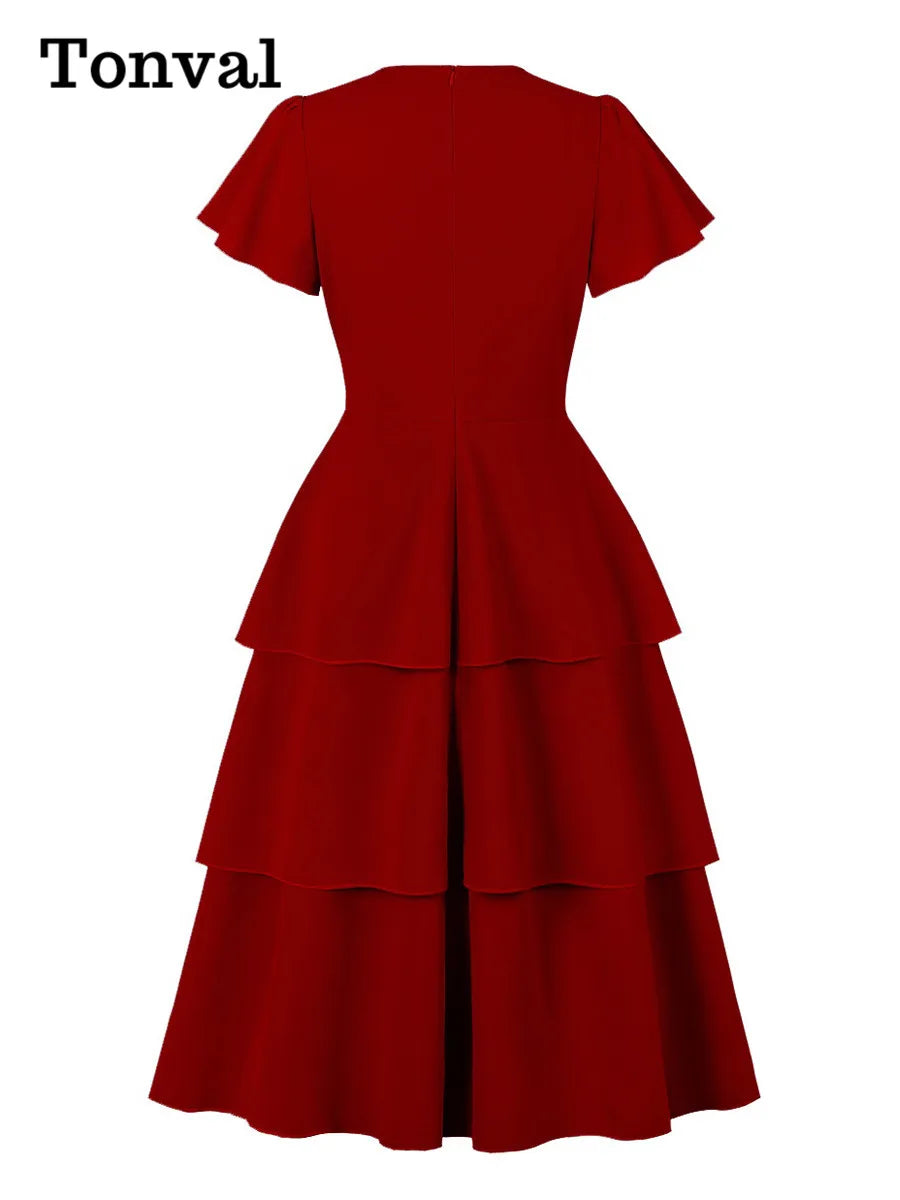 Tonval O-Neck Knot Front High Waist Elegant Solid Tiered Dress 2025 Women Short Sleeve Vintage A-Line Long Dresses