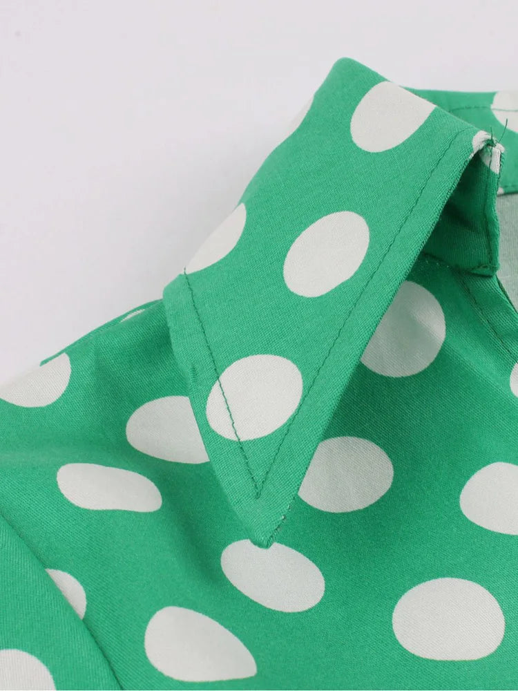 Tonval 3XL 4XL Polka Dot Print Rockabilly Vintage Tea Dresses for Women V-Neck Short Sleeve Belted 50s Pinup Long Dress