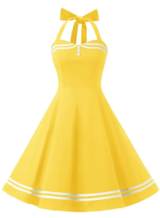 Vintage Halter Yellow Dress Sexy Retro Robe Femme Pin Up Rockabilly Party Dress Big Swing Vestidos Summer Clothes for Women 2025