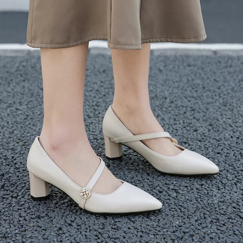 2025 Spring Brand New Sweet Apricot Beige Women Casual Pumps  High Block Heels Lady Shoes Plus Big Small Size 30 43 46 48