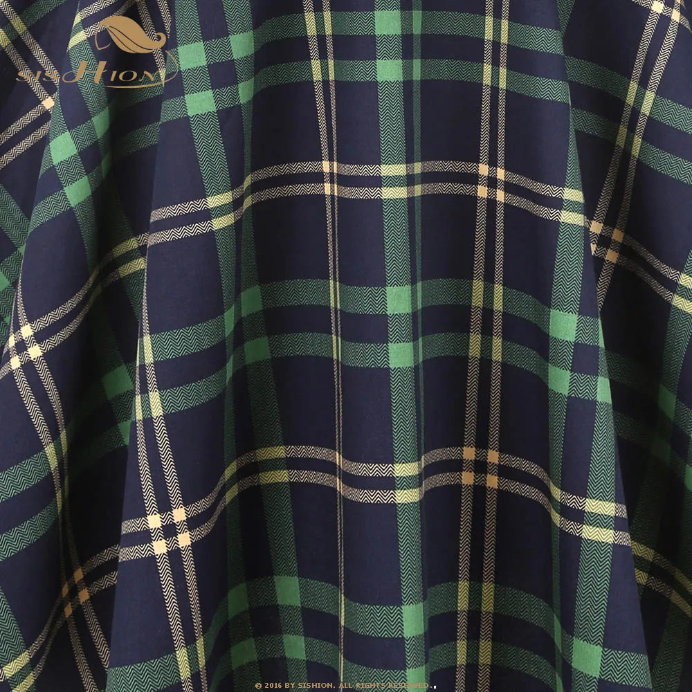 SISHION Cotton Long Midi Skirt SS0006 High Waist Women Ladies Autumn Summer Swing Vintage 50s Inspired Plaid Skirt jupe femme